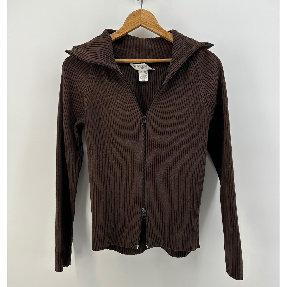 Jones New York Sport Cardigan Womens PS Brown Ribbed Zip Up Sweater Minimalist